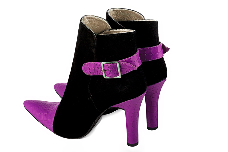 Mauve purple and matt black women's ankle boots with buckles at the back. Tapered toe. Very high kitten heels. Rear view - Florence KOOIJMAN